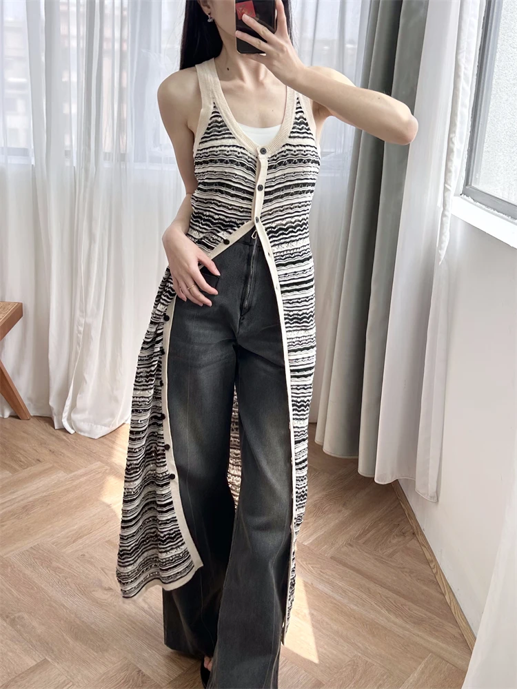 

"Bohemian style" two tone new French style color blocking striped sleeveless knitted vacation style women's dress skims dress