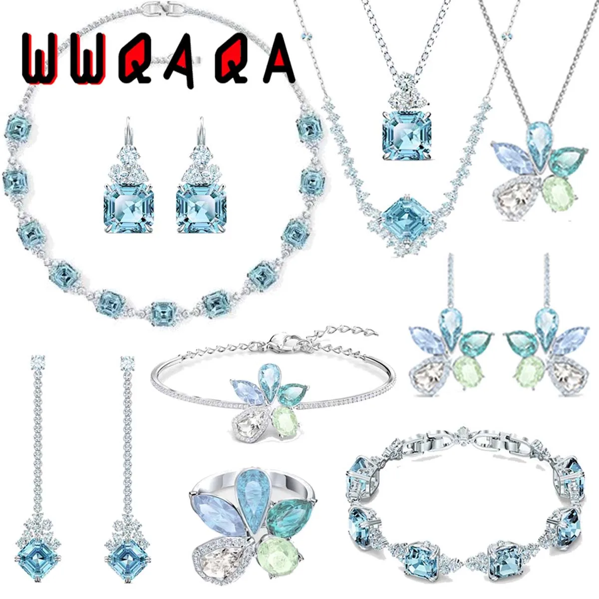 

2024 New Trend Fine Jewelry Sets Charm Blue Zircon Shining Austrian Crystal Fashion Women's Necklace Bracelet Earrings With Logo