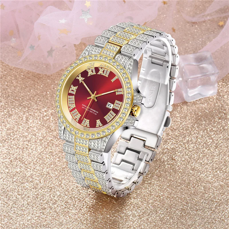 Men Big Original Brand Diamond Luxury Watches Fashion Alloy Band Hip Hop Golden Date Quartz Watch Reloj Hombre Acero Inoxidable