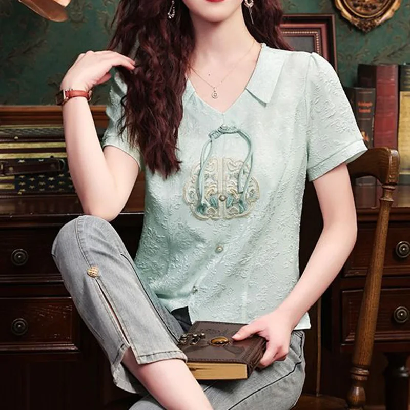 2024  New Summer Elegant Fashion Retro Loose Casual Office Lady Women's Shirt Chiffon Embroidery V Neck Short Sleeve Y2K Tops