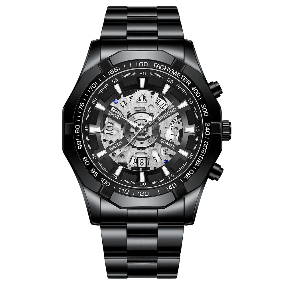 Binbond Explosion Hollow out Waterproof Glow Blue Men's Watch Quartz Steel Band Watch Motorcycle Big Dial Men's Essential