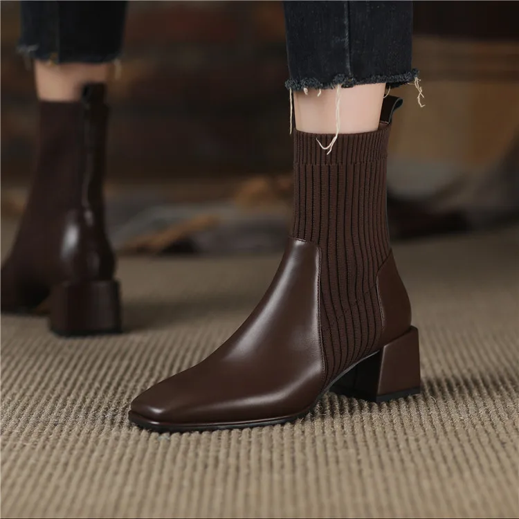 

Autumn Winter New Ankle Socks Shoes Women Fashion Large Size 42 Knitted Short Boots Women Slip On High Heels Botas De Mujer