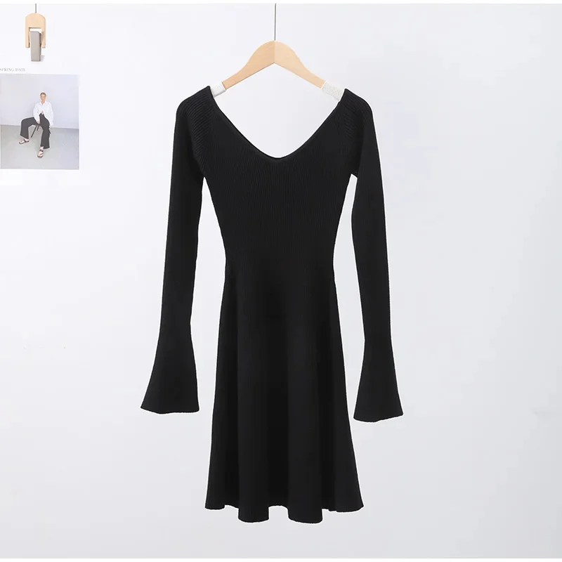Knit Off-Shoulder V-Neck Mini Dress For Women Ribbed Loose Casual High Waist Long Sleeve Knitwear Dress Women's Mini Dress