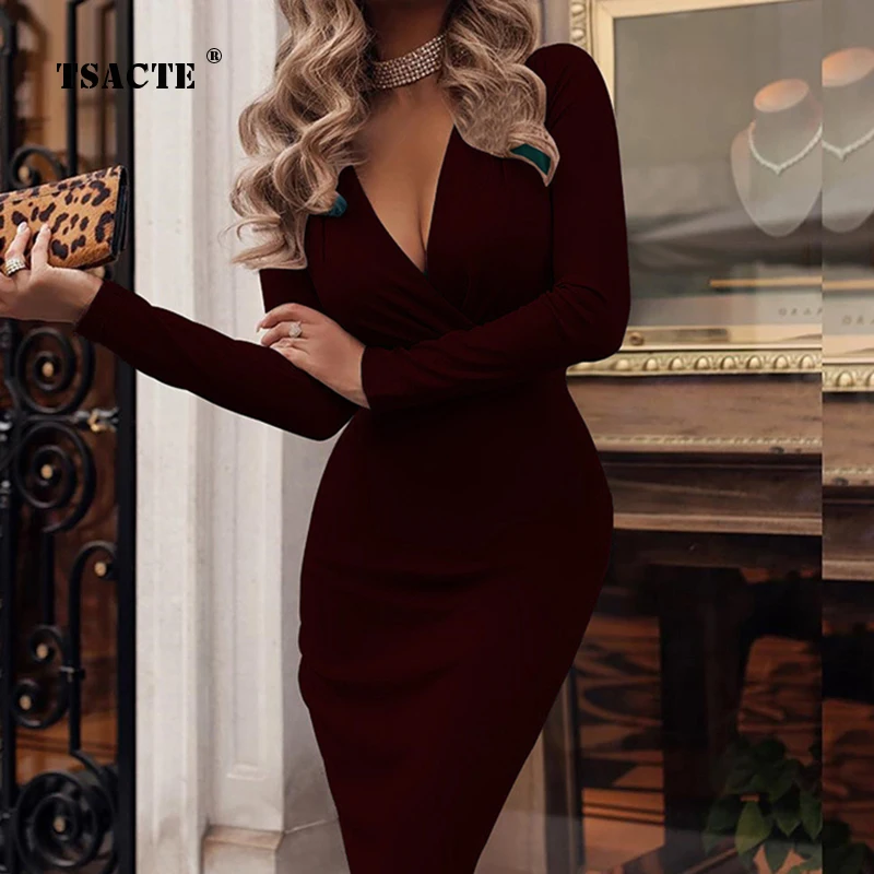 

2023 New Fashion Elegant Womens Dress Popular Deep V Pleated Wrap Hip Spring And Autumn Long Sleeve Solid Color Female LongDress