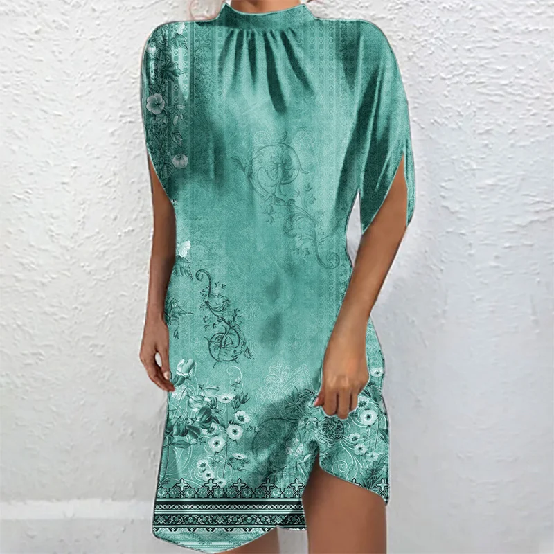 

Женское мини-платье с коротким рукавом, высоким воротом и цветочным принтом