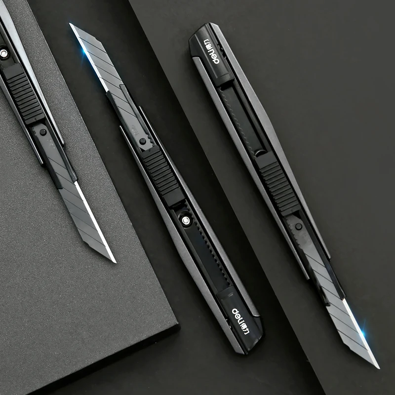 Utility Knife Deli 9mm Snap off Box Cutter Zinc Alloy Shell SK5 High Carbon Steel Sharp Blades Auto Lock Design Hand Tool Gift