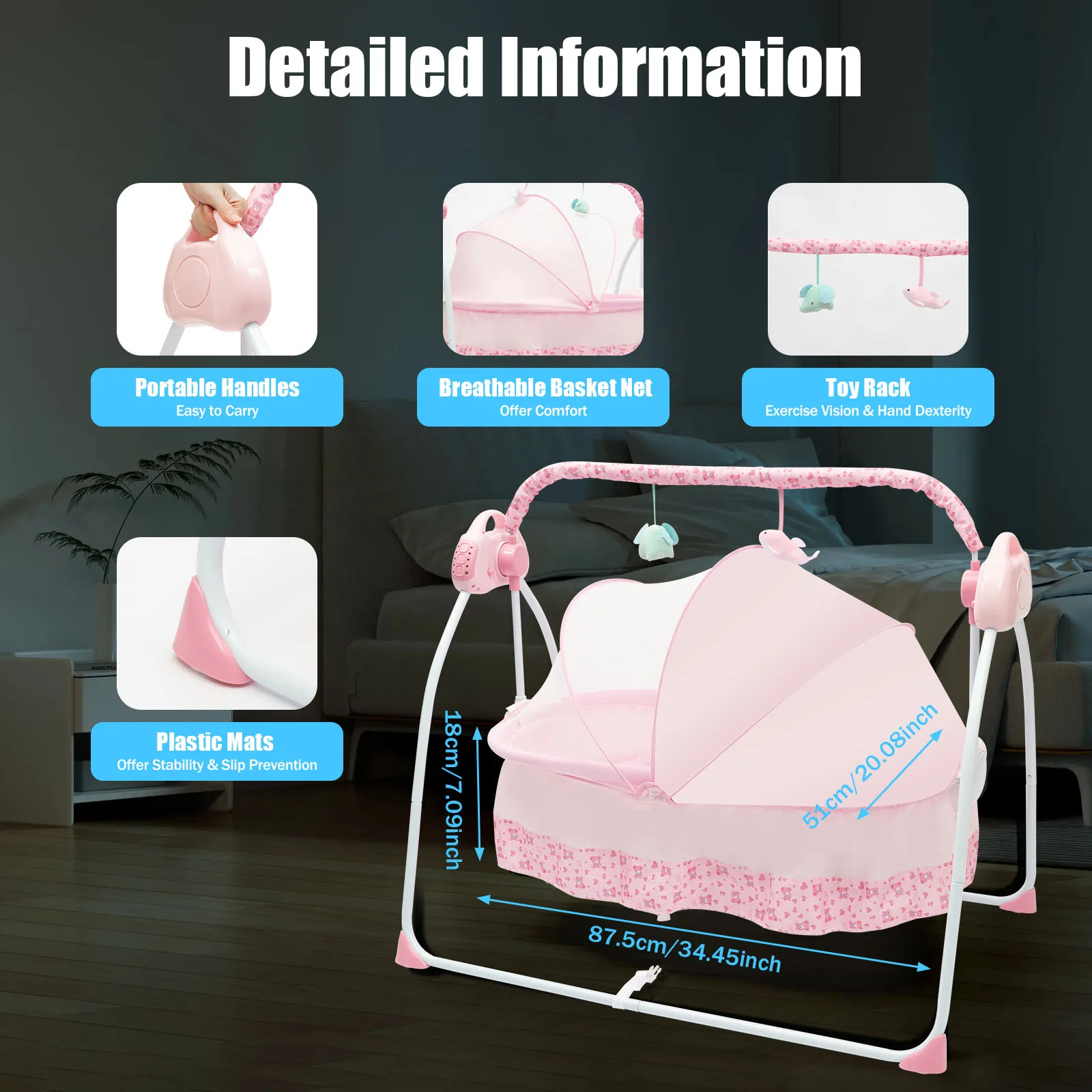 Foldable Electric Baby Cradle – Dual Control, Durable Design, Soothing Sounds, Safe & Portable, Ages 0-18M, 55.12LB Capacity 5