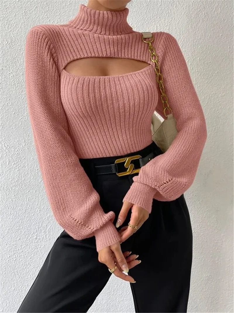 Hollow Out Knit Sweater Pullover For Women Turtleneck Fashion Ribbed High Street Long Sleeve Knitwear Loose Sweater Female