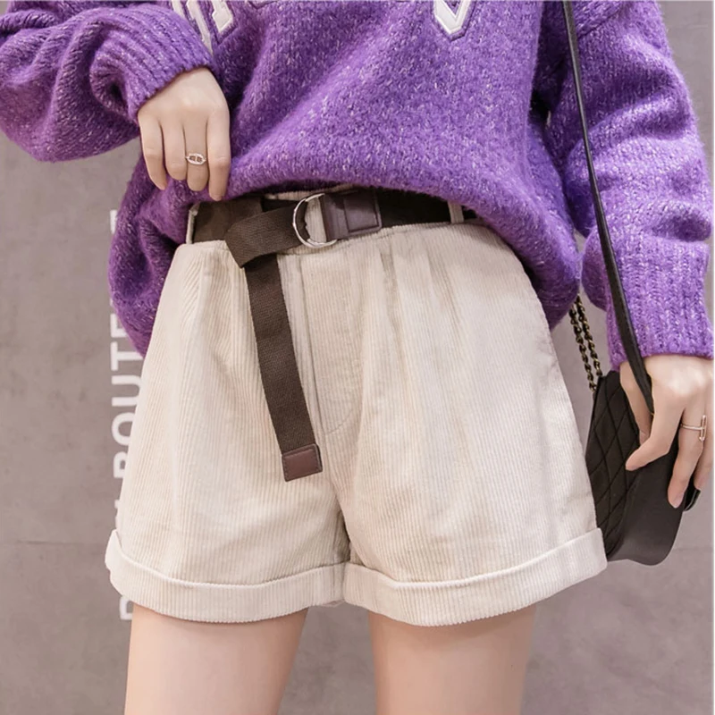 

Korean Retro Elastic Waist Loose Casual Short with Belt Corduroy Rolled Wide-leg Short for Women Loose A-line Female Streetwear