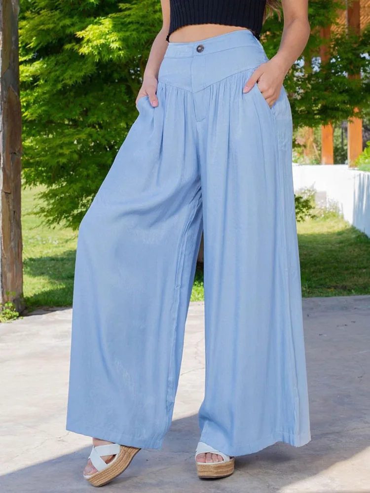 Women Denim Loose Wide Leg Pants Casual Female High Waist Button Flare Full Jeans OUFY-001 1