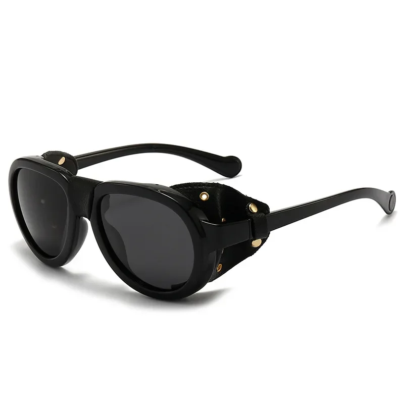Unisex Luxury Polarized Round Steampunk Sunglasses with Leather Accents