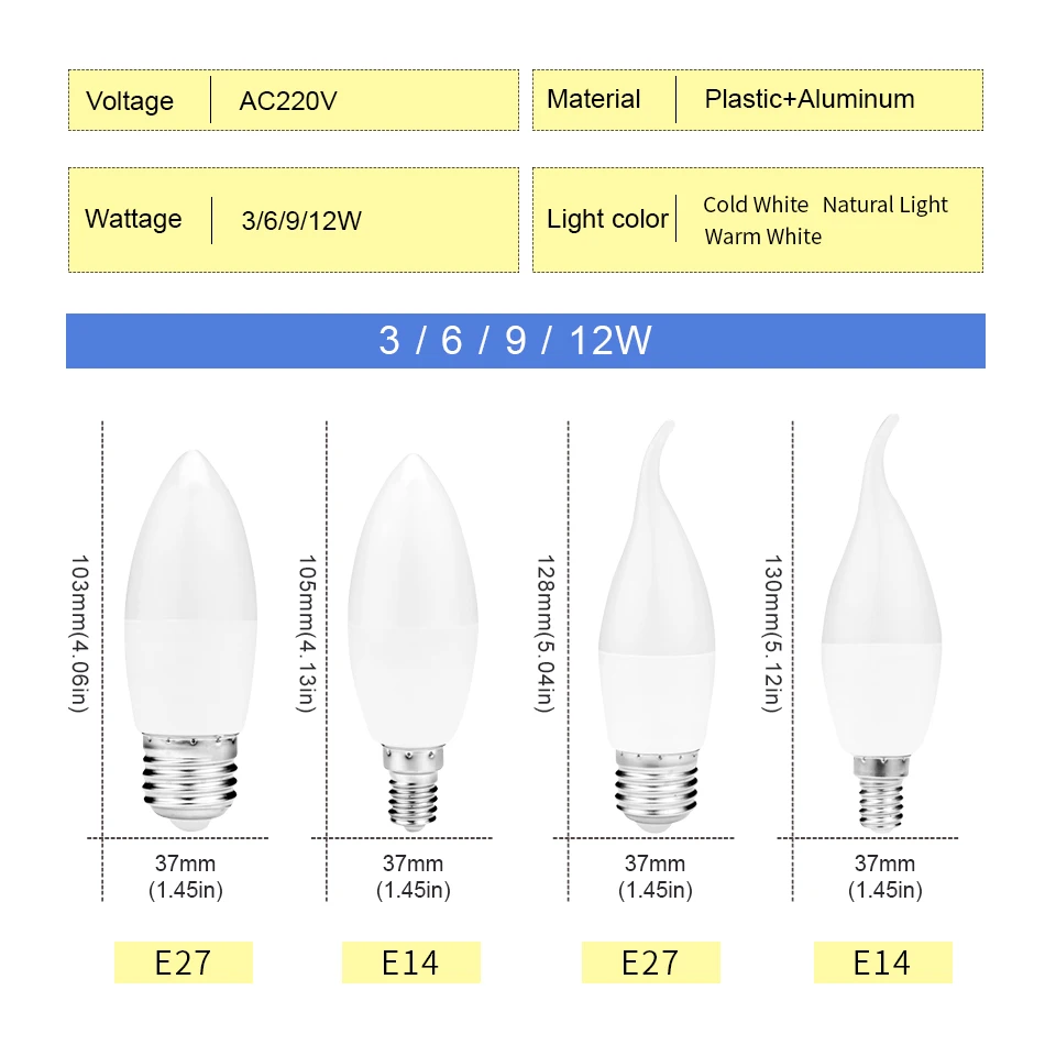 10pcs E27 E14 Led Bulb 220V Candle Bulb Energy Saving Lamp 3W 6W 9W 12W Led Chandelier Light Spotlight Led for Home Decoration