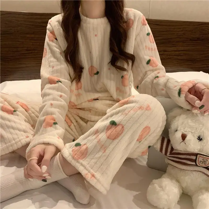 Women Fashion Thick Coral Fleece Pajamas Students Winter Warm Cute Sleepwear Suit