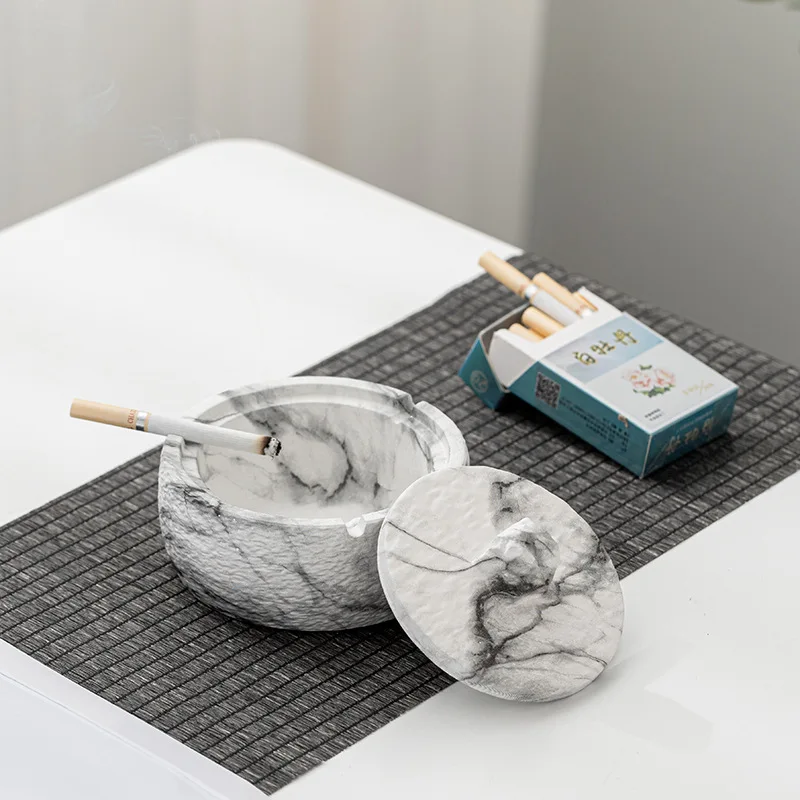 Creative Marbled Ashtray with Lid Portable Ceramic Living Room Car Library Ashtray Anti-fly Ash Home Decor for Boyfriend Gifts