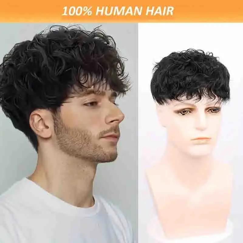 Men's Real Human Hair Topper Invisible Curly Wave Seamless Blend Vacation-Ready Curly Wave Wig Stylish Texture
