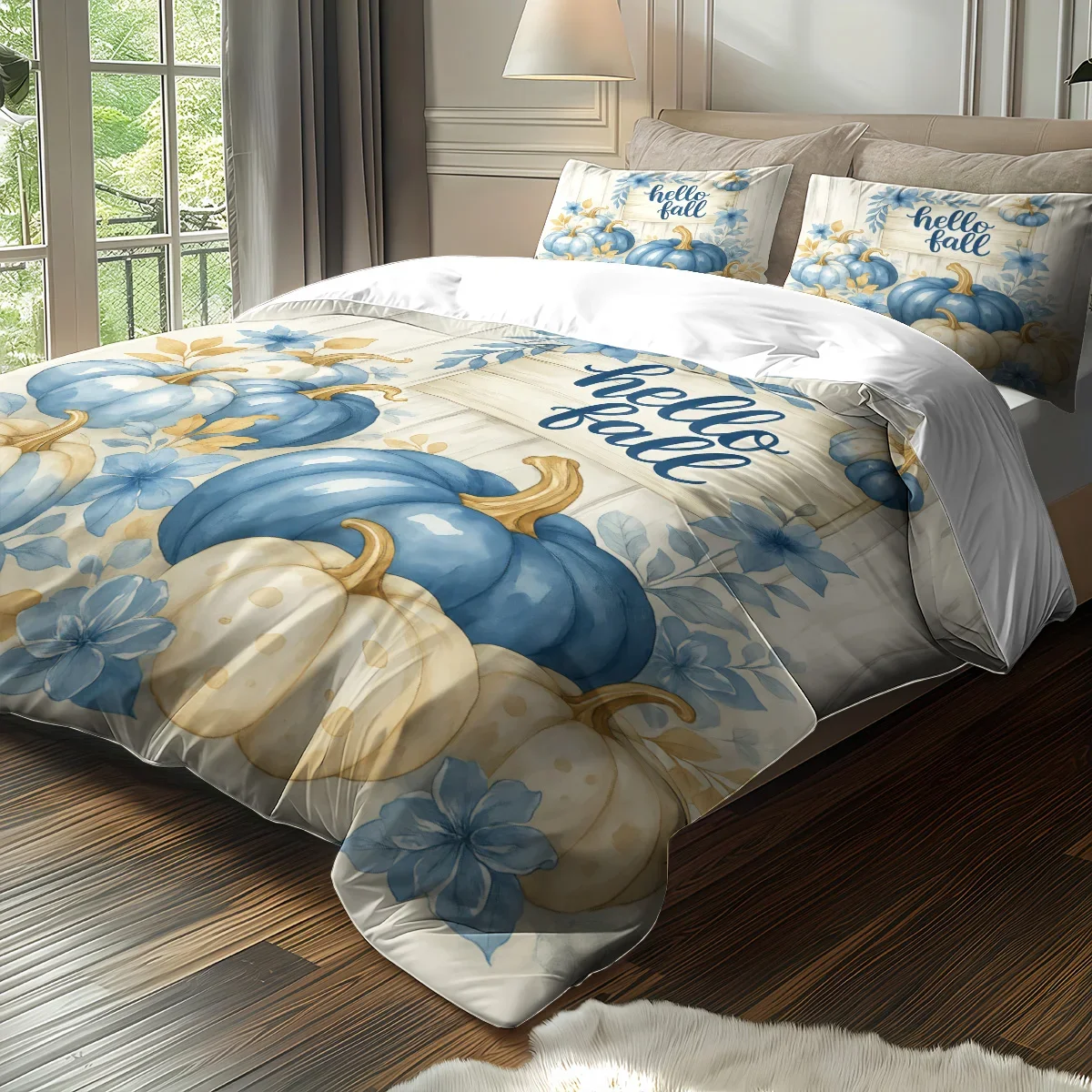 3 Pcs Harvest Pumpkin Printed Down Duvet Covers, 1 Down Duvet Cover+2 Pillowcases, No Core. Soft and Comfortable Bedding Set