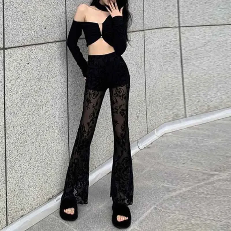 Fashion Skinny Sexy Lace Hollow Out Slim Spicy Girl Flare Pans Women Black Perspective Embroidered Elastic High Waist Trousers