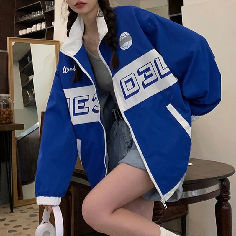 2023 New Spring and Autumn Fashion Academy Style Contrast Loose Fit Sports Outdoor Fashion Brand BF Work Zipper Jacket Coat