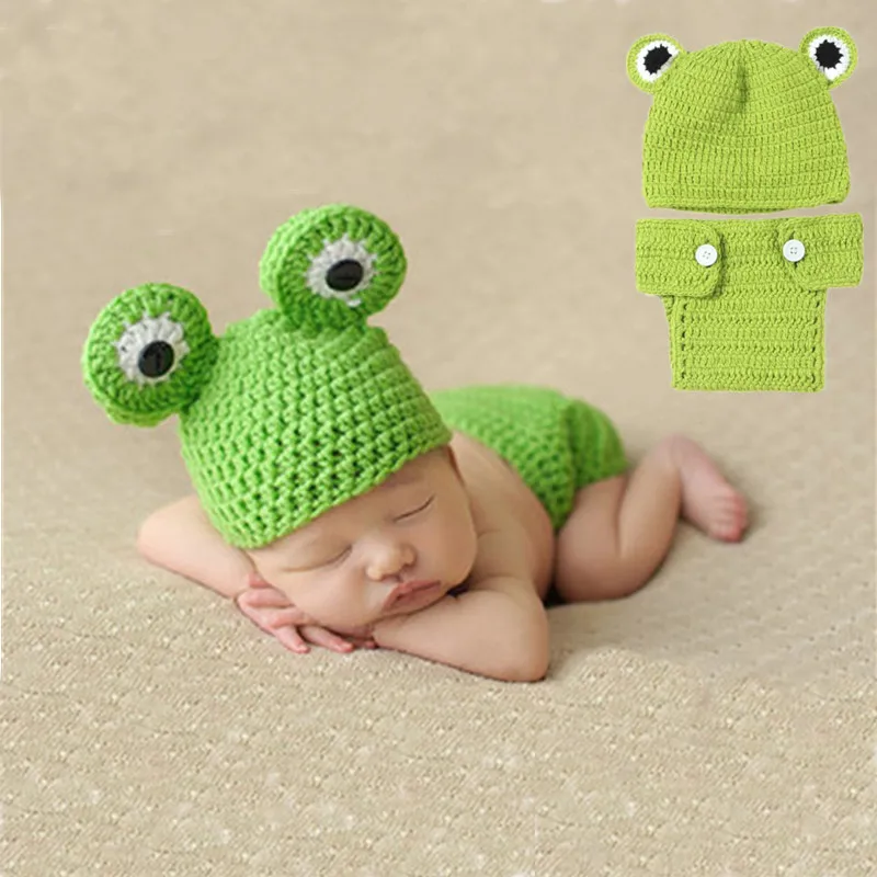 Hand-Knitted Cute Baby Girl Frogs Clothing Set Newborn Photo Crochet Knit Hat Girl Boy Cap Baby Photography Props Costume