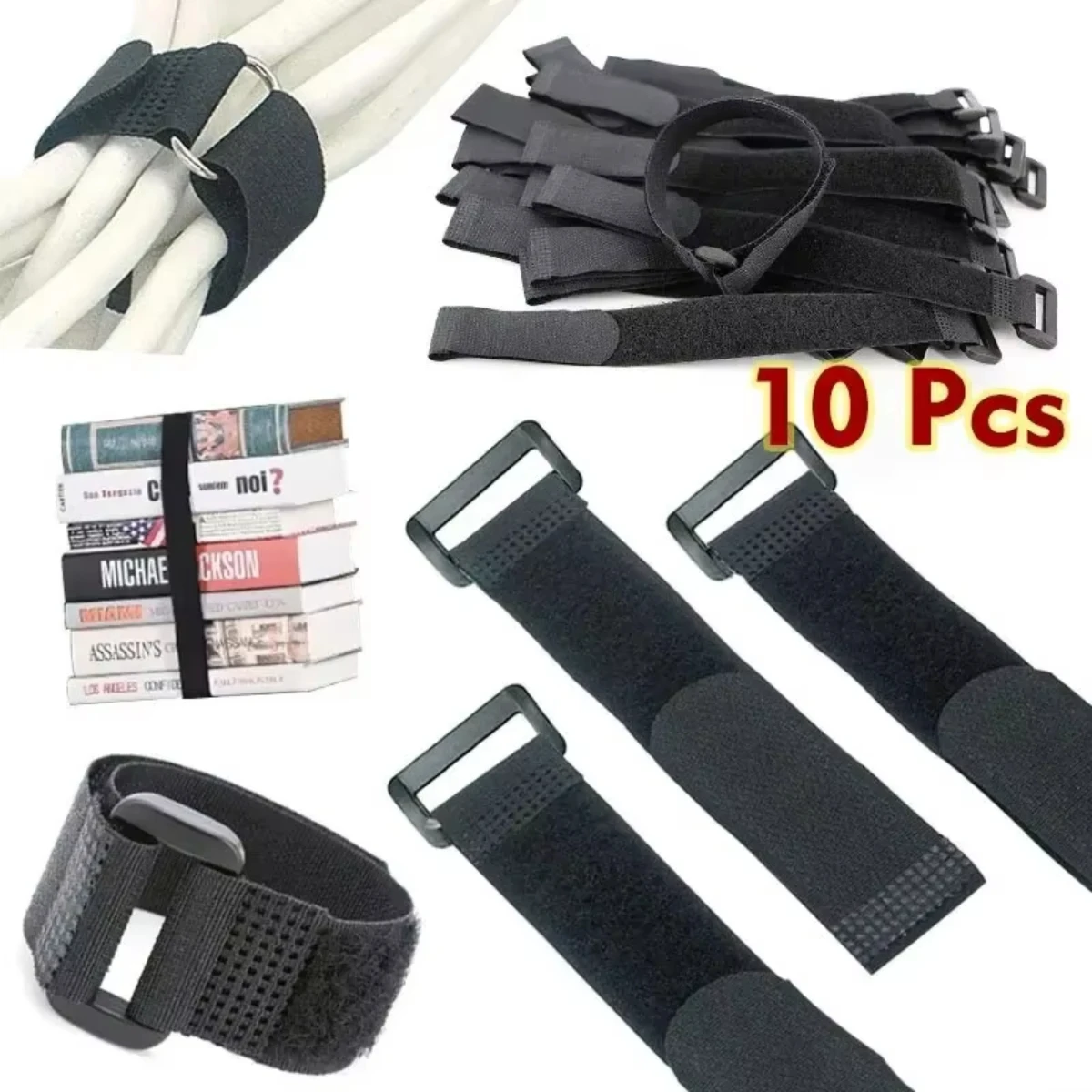 Adjustable Black Velcro Nylon Cable Straps with Self-Adhesive Hook and Loop Fastener