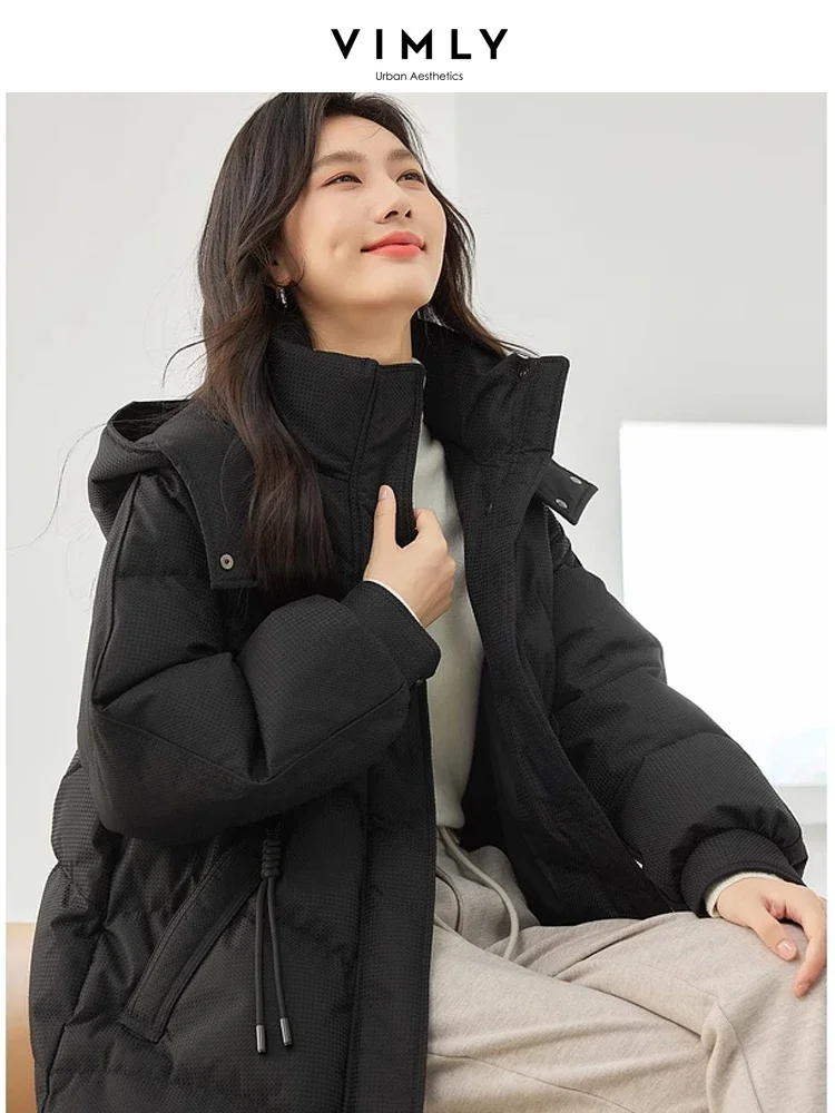 Vimly Hooded Stand Collar Zipper Duck Down Jackets 2023 Winter New Casual Straight Thick Warm Long Coats for Office Ladies 50719