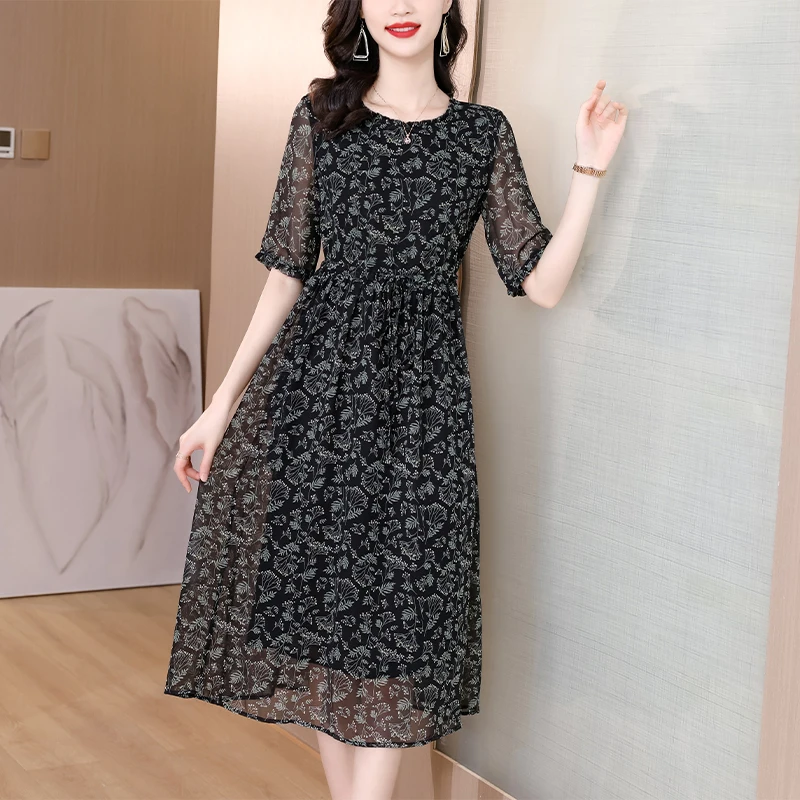 

Summer Fashion 5/4 Sleeve Silk Printed Dress For Women 2023 New Versatile Loose Fit Holiday Casual Dress Vestidos