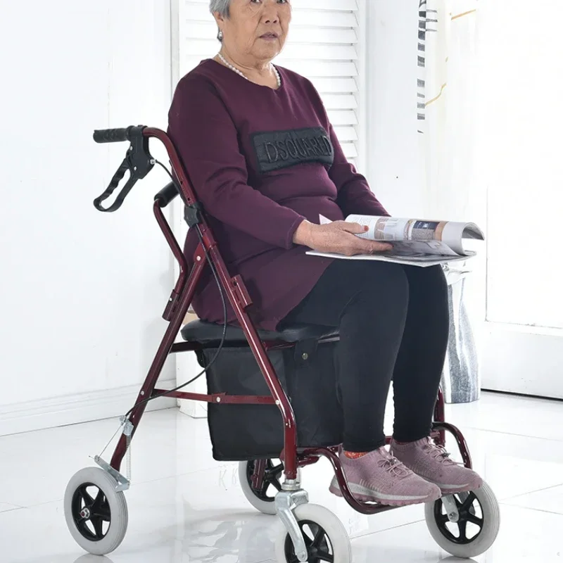 Aluminum Alloy Elderly Shopping Handcart, Push-and-Sit Capability, Four-Wheel Foldable Cart, Seating Mobility Walker 2