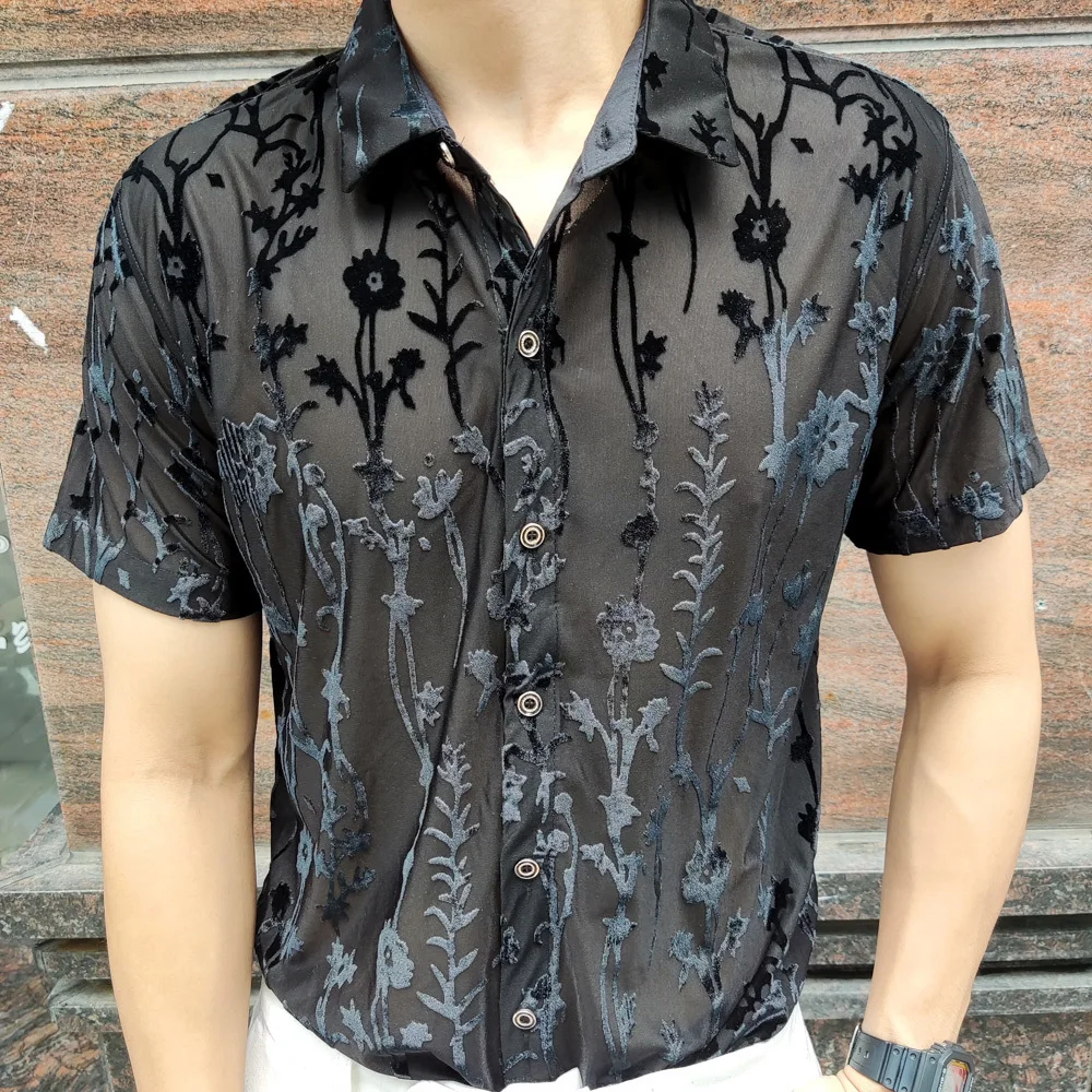 Casual Shirts Men Social Party Lace Sheer Blouse Hollowout Fashion Floral Transparent Shirt Man See Through Sexy Men Shirt