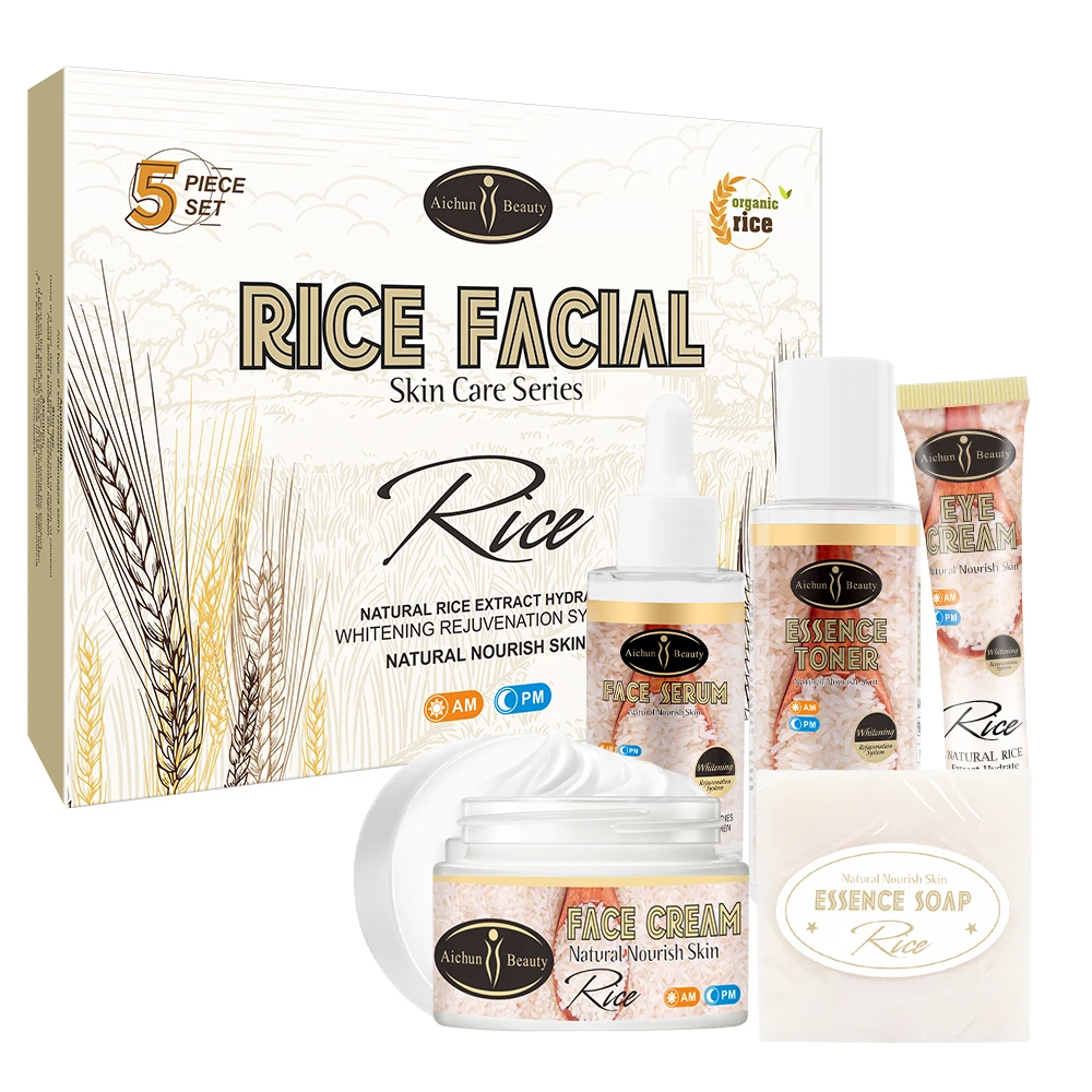 

Rice Extract Skin Care Set Antioxidant Plants Skincare Products Kit With Soap Toner Essence Face Cream Eye Cream Gift Box