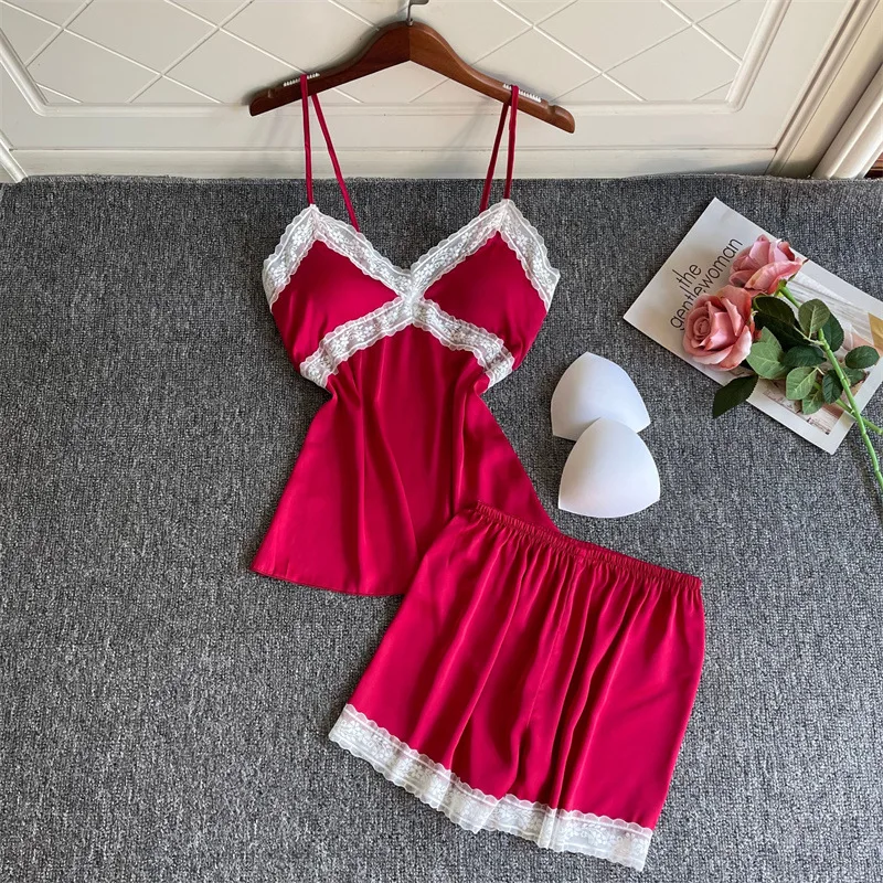 

V-Neck 2pcs Pajamas Suit Summer Satin Cami&Shorts Set Homewear Women Pajamas Suit Sexy Sleeveless Nightwear Pyjamas Sleep Set