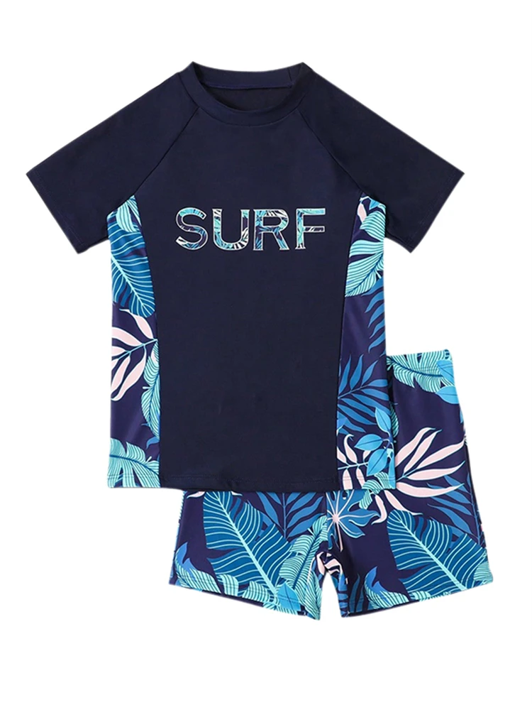 Boy Kids Swimsuit New Solid Print Short Sleeve Children Swimwear Summer Two Piece Split Beachwear Bathing Suit For Swimming