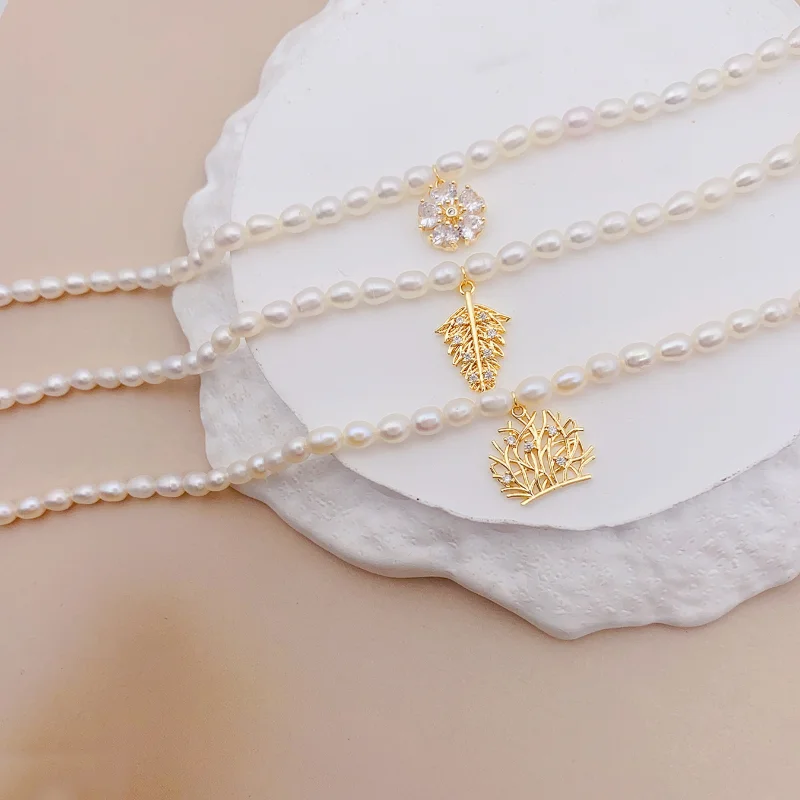 ALLNEWME Delicate Multiple Freshwater Pearl Chokers Necklaces for Women Gold Copper Hollow Leaves Heart Flower Pendant Necklace