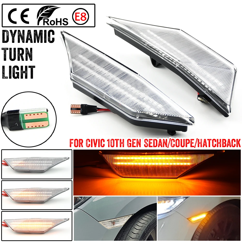 

2x Flowing LED Side Marker Lights Turn Signal Lights Indicator Repeater Lamps For Honda Civic 10th Gen 2016 2017 2018 2019 2020