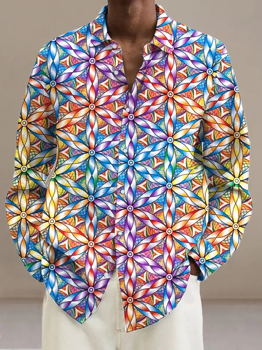 Men's shirt lapel shirt men's 3d printing gentleman retro irregular plant printing casual long sleeve fashion printing shirt 3