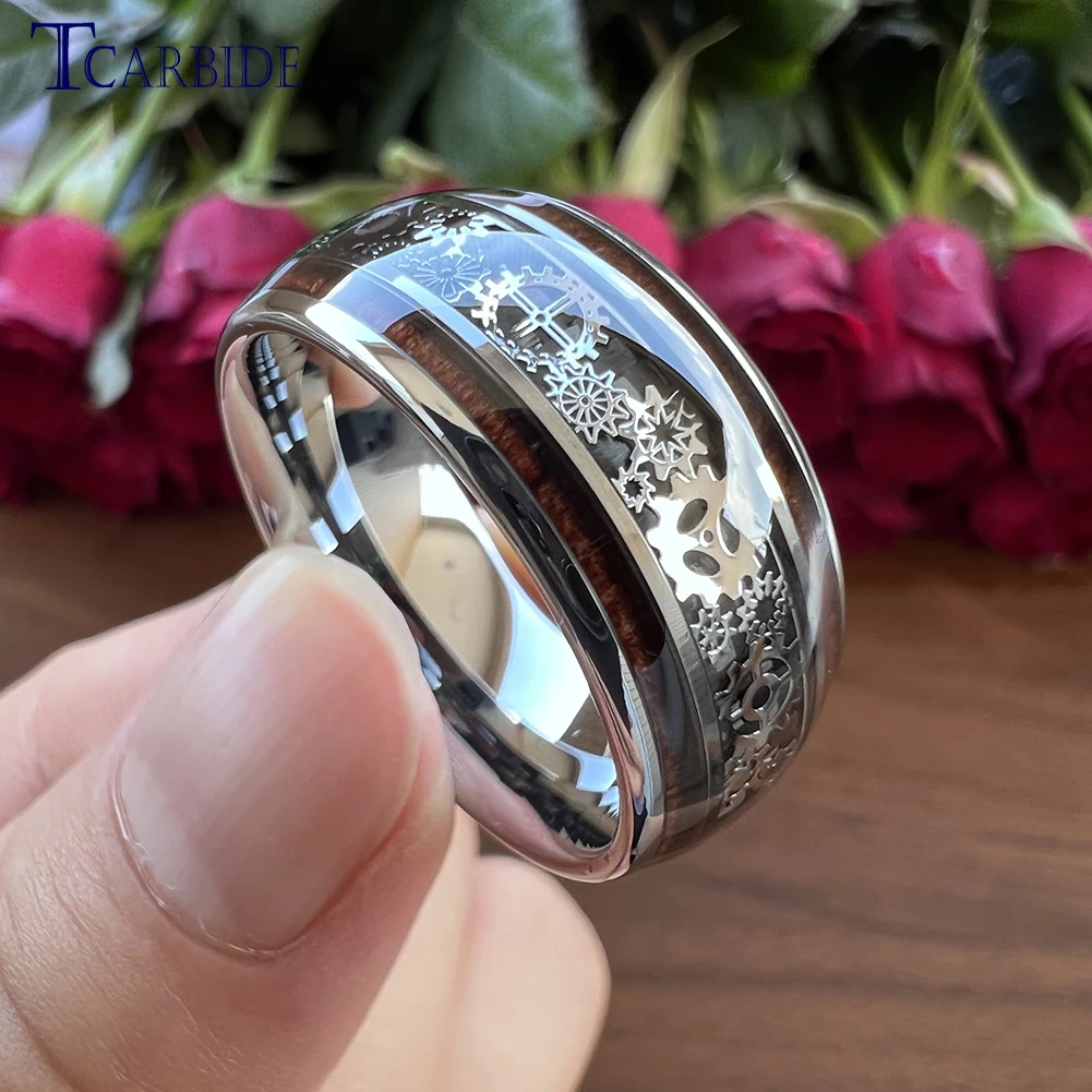 10MM Large Width Men Tungsten Wedding Ring Mechanical Gear Wheel Wood Inlay Domed Polished Cool Gift For Boyfriend Husband