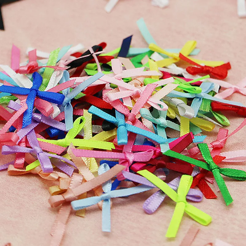(100pcs/pack)3x3cm Mini Ribbon Bows Multi-colored Small Size Polyester Satin Ribbons Bow Flower Handwork Craft Decoration DIY