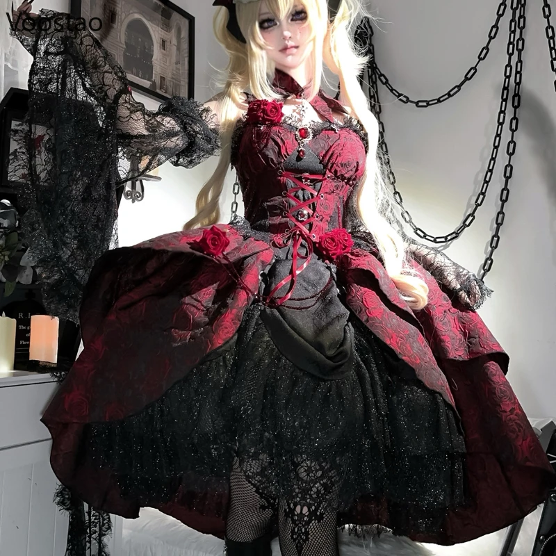 Victorian Elegant Lolita Dress Set Women Gothic Rose Flower Bandage Halloween Party Dress With Black Lace Sleeve Princess