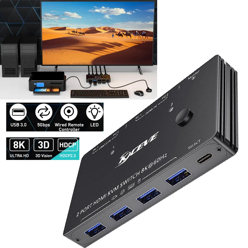 

Game switch USB Hub Splitter Adapter Multi-function 2-Ports HDMI KVM Switch Plug and Play 2In1 Out 8k@60Hz 2 PCs share 1 monitor