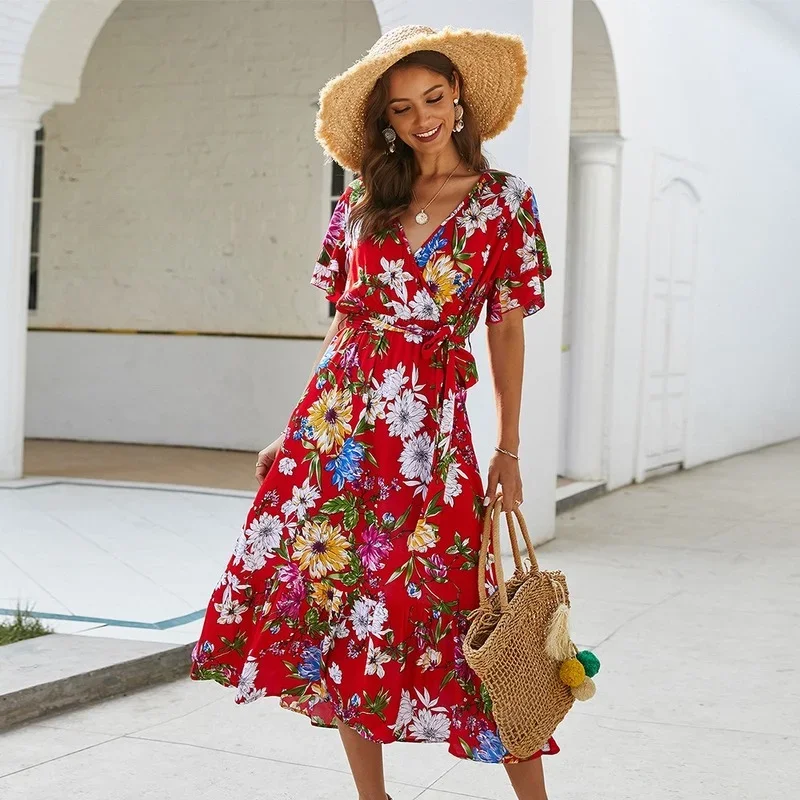 

Bohemia Bandage Floral Dress Summer Women Red Flower V-neck Short Sleeve Spring Autumn Dresses Yellow Casual Commute Clothing