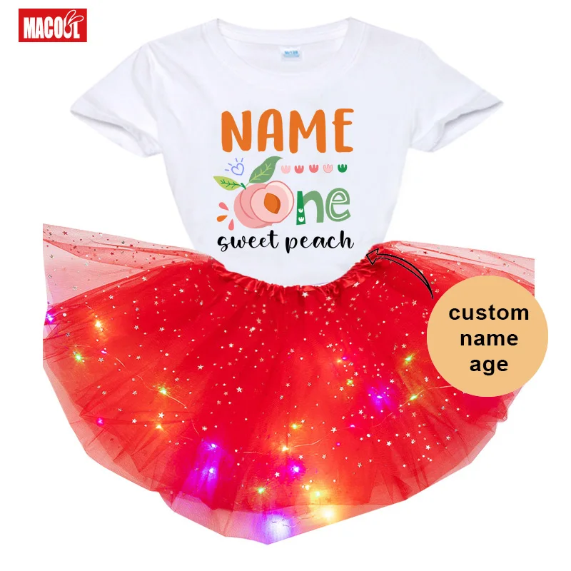 

2023 Lovely Peach T Shirt Birthday Party Outfits Girls Birthday Tutu Outfit Suits Custom Name Dress Set Girl Kids Clothes