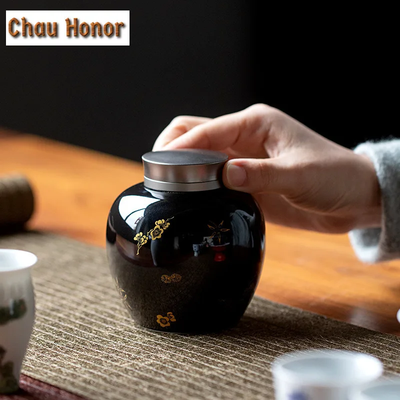 300ml Black Glaze Ceramic Tea Box Home Small Portable Gilding Plum Blossom Tea Canddy Moisture-proof Double Sealed Storage Bin