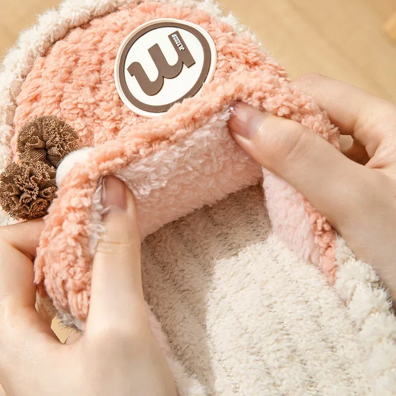 Cute Cartoon Winter Slippers Women Plush Warm Home Cotton Shoes Indoor Cozy Flat Slides Woman Non-Slip Thick Sole Fur Slippers