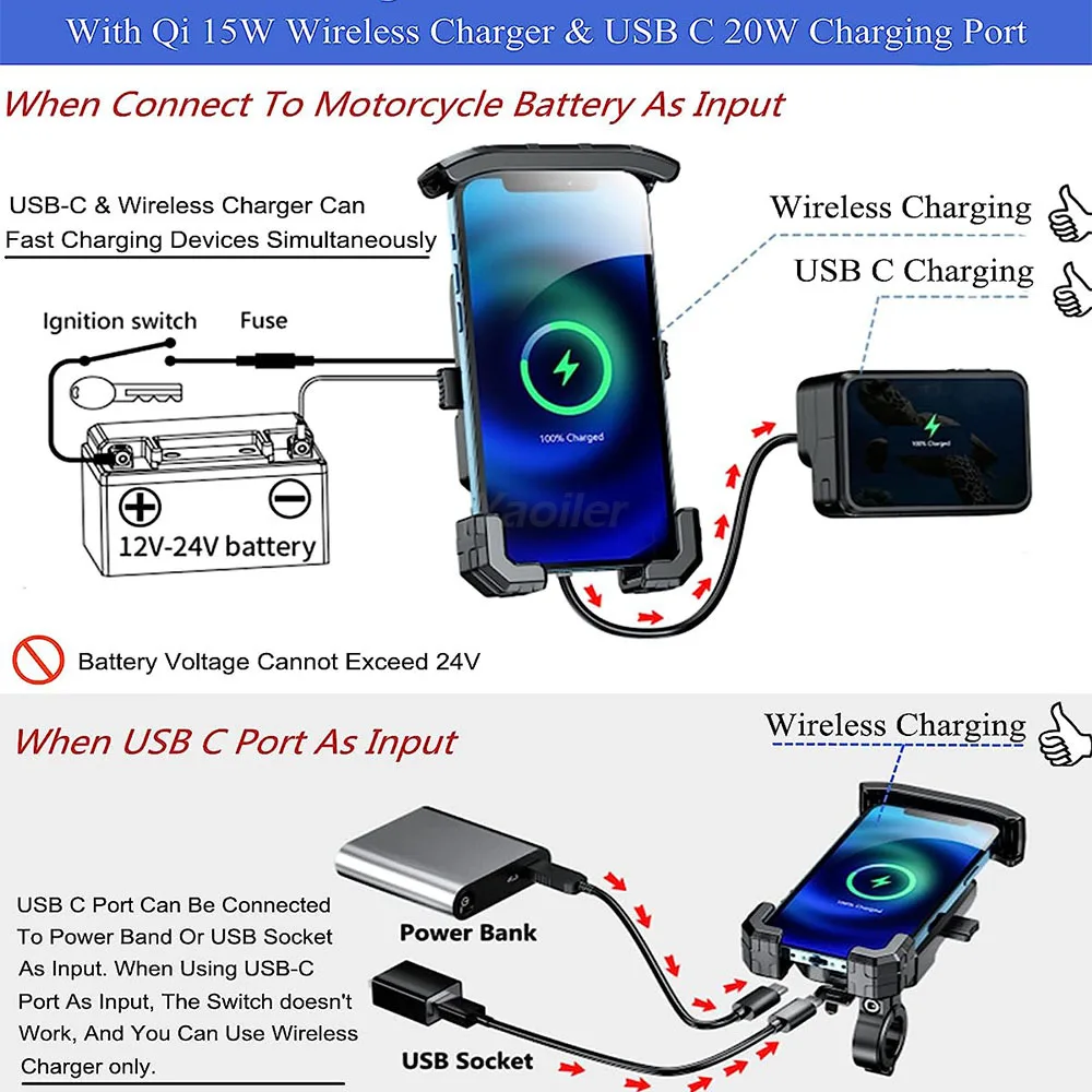 오토바이 휴대폰 거치대 Qi 15W 무선 충전기 & PD/USB-C 20W 고속 충전 포트 1초 잠금 휴대폰 핸들바 거치대