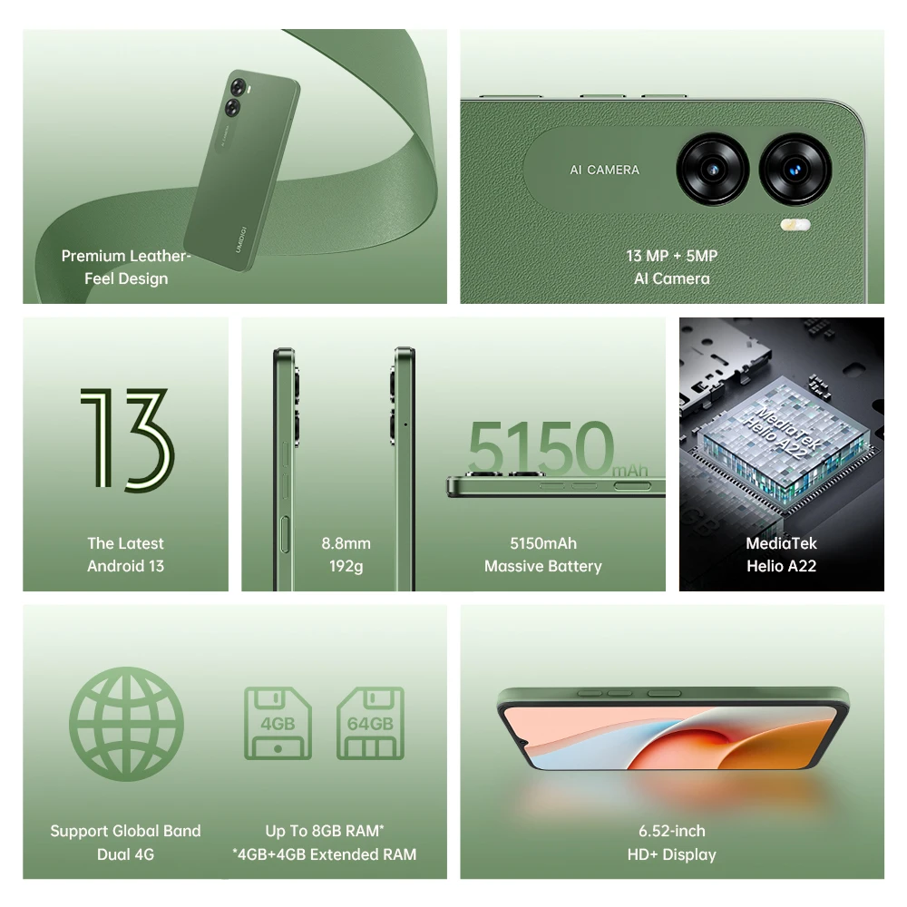 UMIDIGI G3 Ultra-thin Smartphones Helio A22 4GB+64GB 6.52Inch HD 13MP Camera 5150mAh Battery Dual SIM 4G Android 13 Mobile Phone