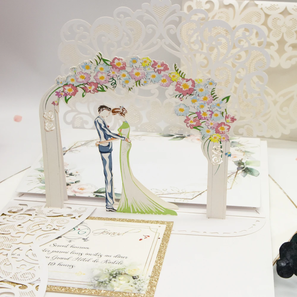 10 pieces 3D Pop Up Pearl White Wedding Invitation High-end Tri-fold Pocket Heart Bride and Groom Greeting Invite Card IC167