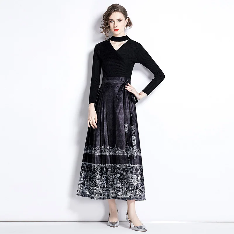 

Spring New Chinese Style Women Clothing Slim Fitting Black Knitted Long Sleeved Top Horse-face Skirt 2 Piece Set Women