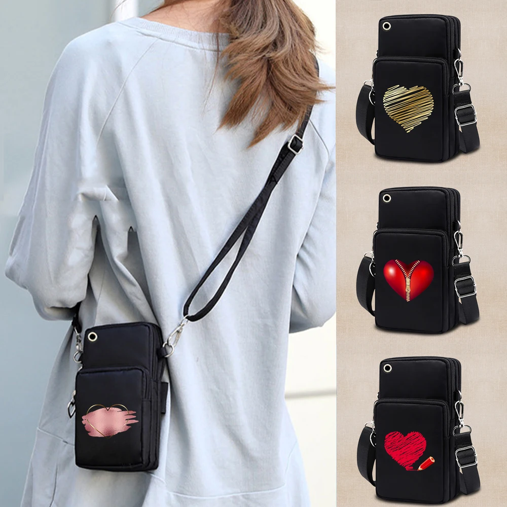 

Mobile Bag Women Hanging Shoulder Phone Bag Mobile Wallet Coin Purse Zipper Small New Wild Mini Female Love Print Messenger Bag