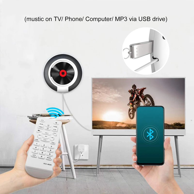 Icreative Portable Bluetooth-compatible CD Player Wall Mounted FM Radio Built-In HiFi Speaker with Remote Control Headphone Jack