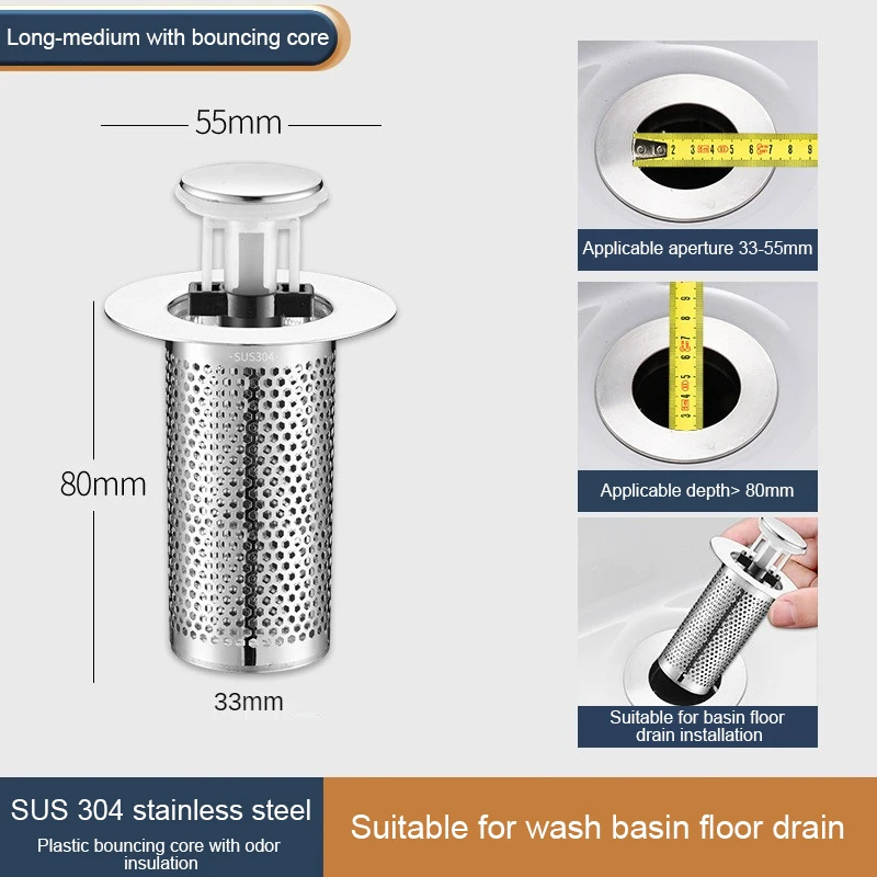 Stainless Steel Floor Drain Filter Mesh Pop-Up Bounce Core Basin Drain Stopper Shower Hair Catcher Strainer Bathroom Accessories