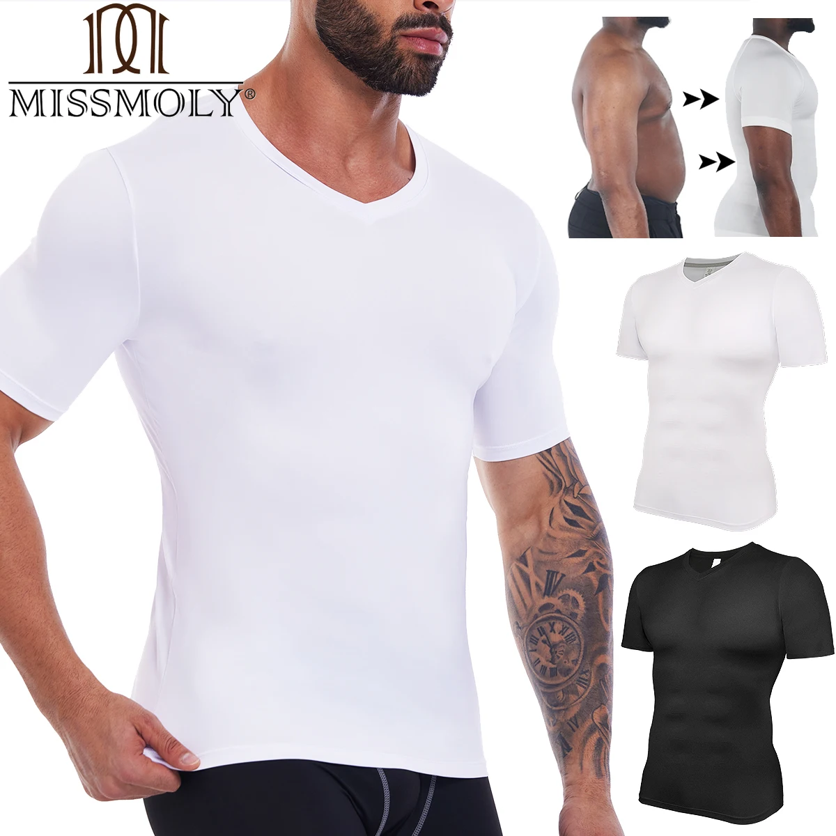 Mens Body Shaper Waist Trainer Compression Shirts V-Neck Short Sleeved Slimming Undershirt Workout Abs Abdomen Tight Corset Tops men gynecomastia compression tank top waist trainer belt slimming sheath 4 rows of hook shapewear vest tight fitting shirts band